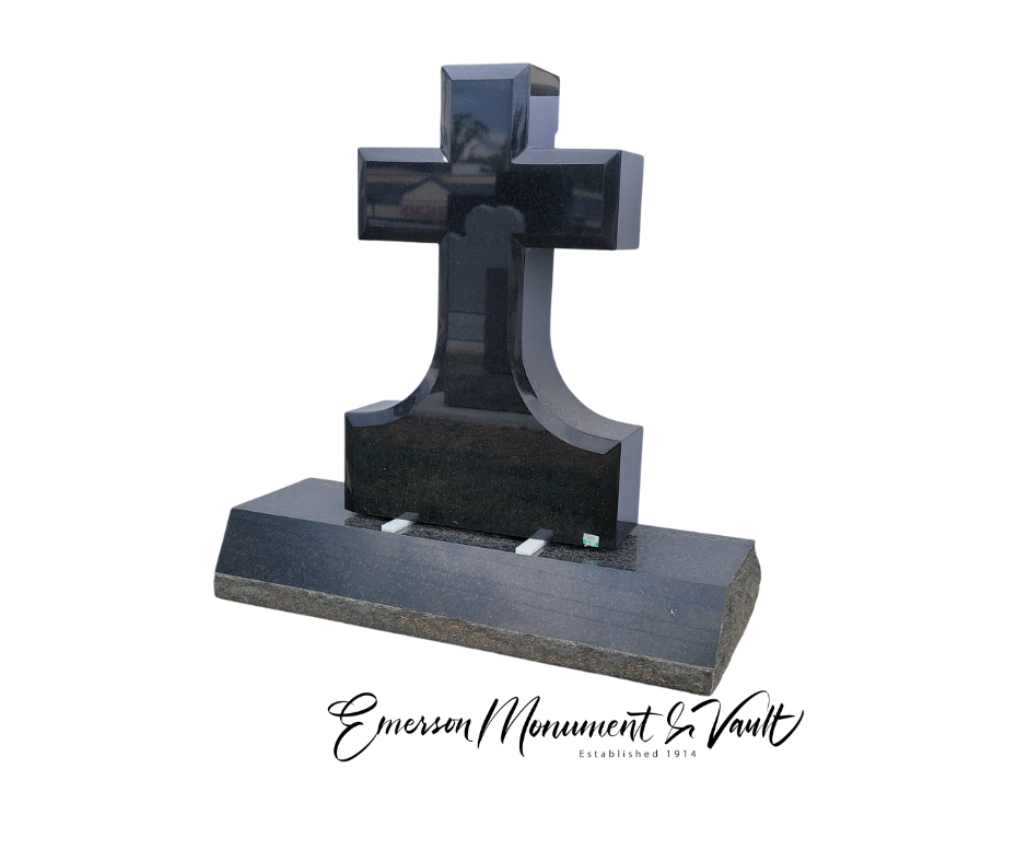 Cross headstone on base in black granite